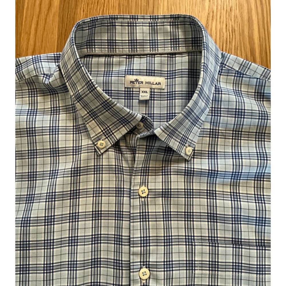 Peter Millar XXL Blue Plaid Long Sleeve Button Down Shirt Cotton Stretch